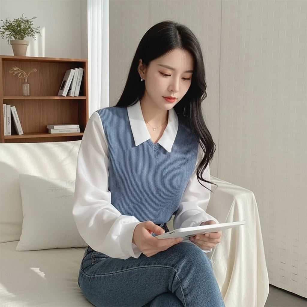 Blue V-neck knit blouse with white collar and long sleeves