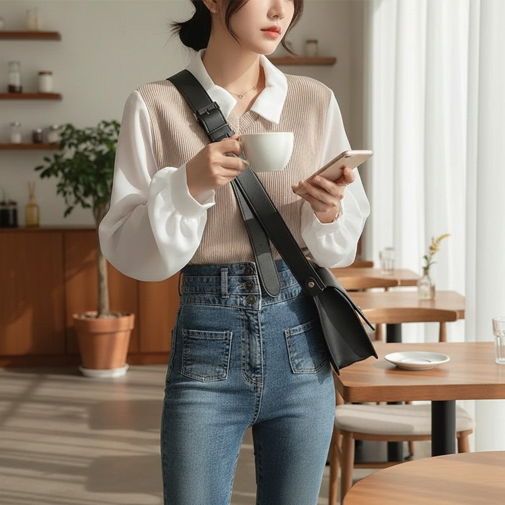 Beige V-neck knit blouse with white pointed collar and long sleeves