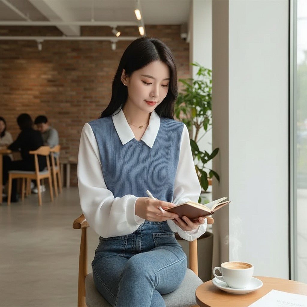 Blue V-neck knit blouse with white collar and long sleeves