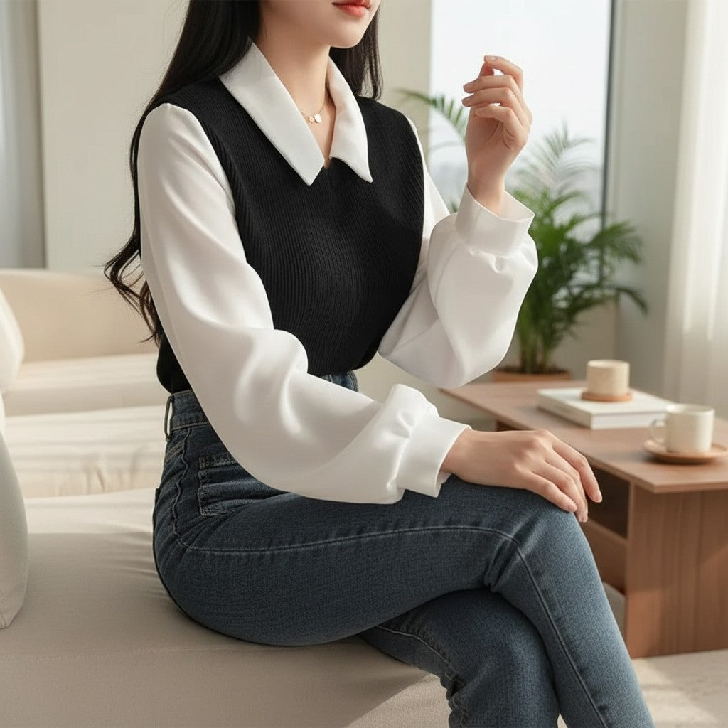 Black V-neck knit blouse with white collar and long sleeves