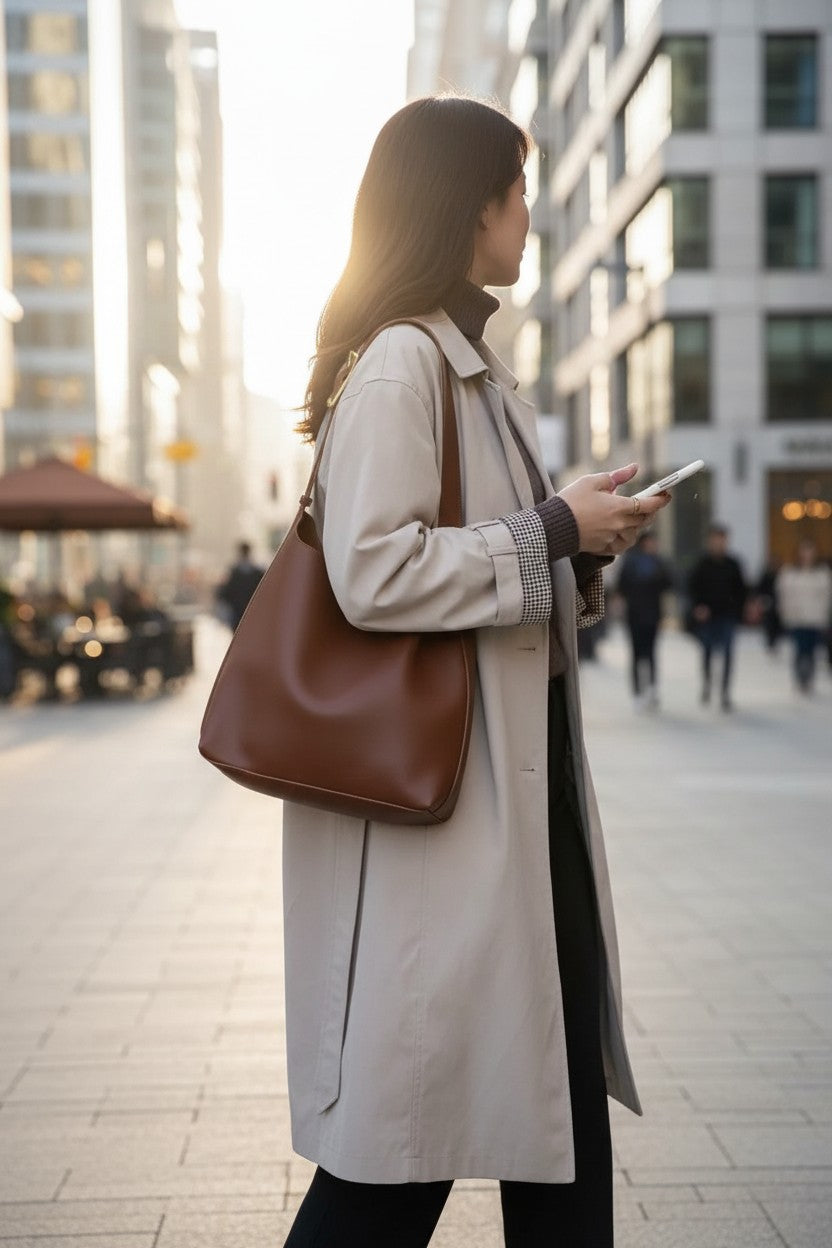 Brown slouchy shoulder bag with gold buckle strap, worn on shoulder