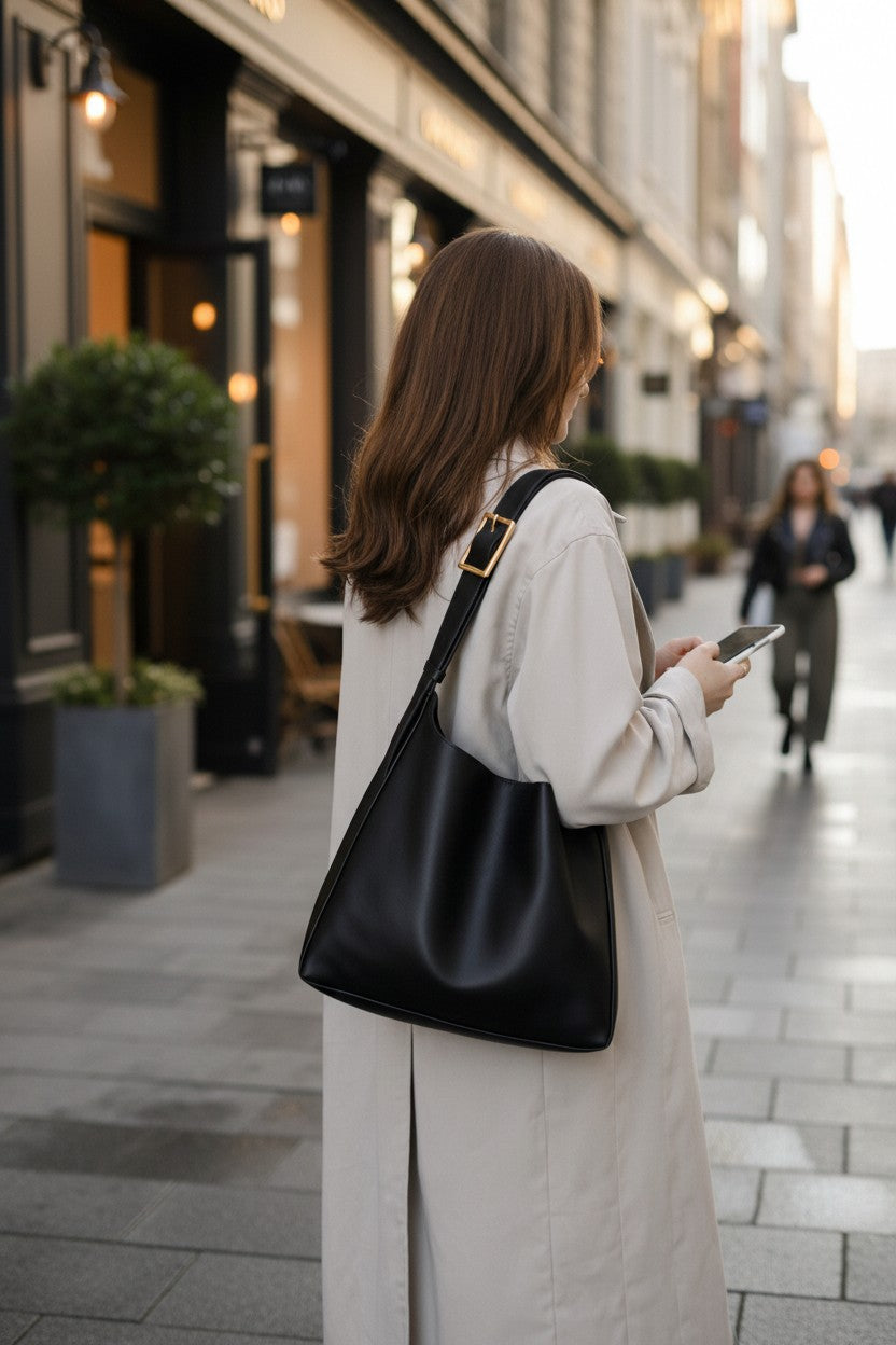 Black slouchy shoulder bag with gold-tone buckle strap, worn on shoulder