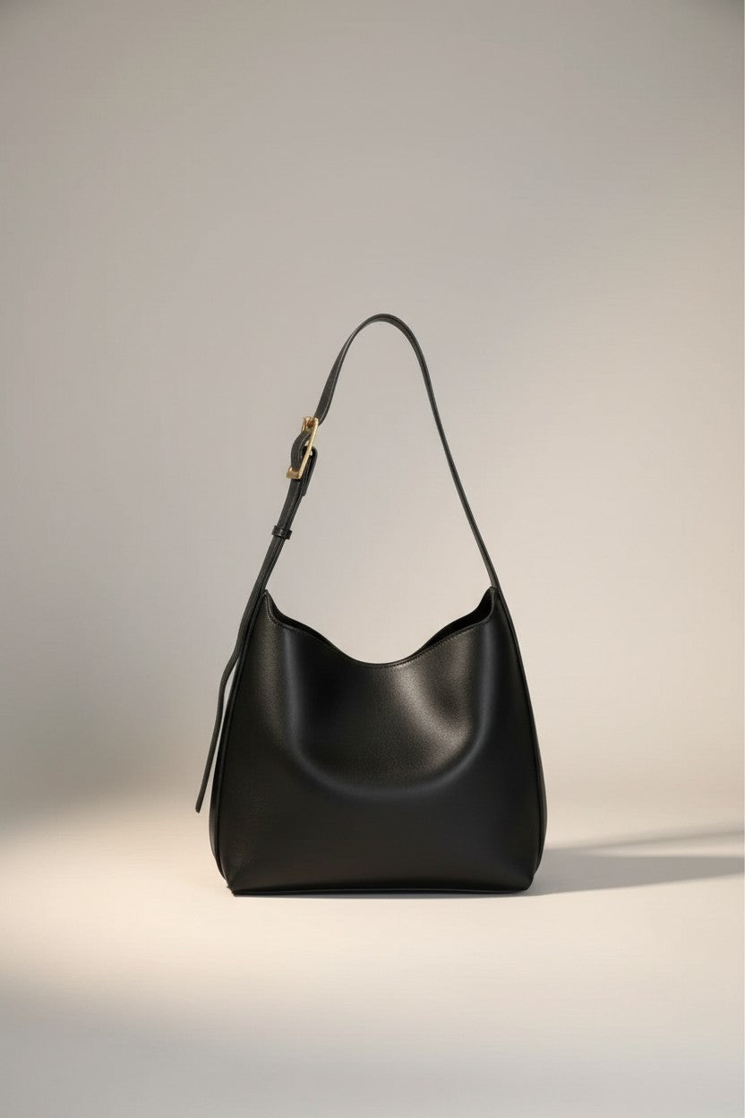 Black slouchy shoulder bag with gold-tone buckle strap