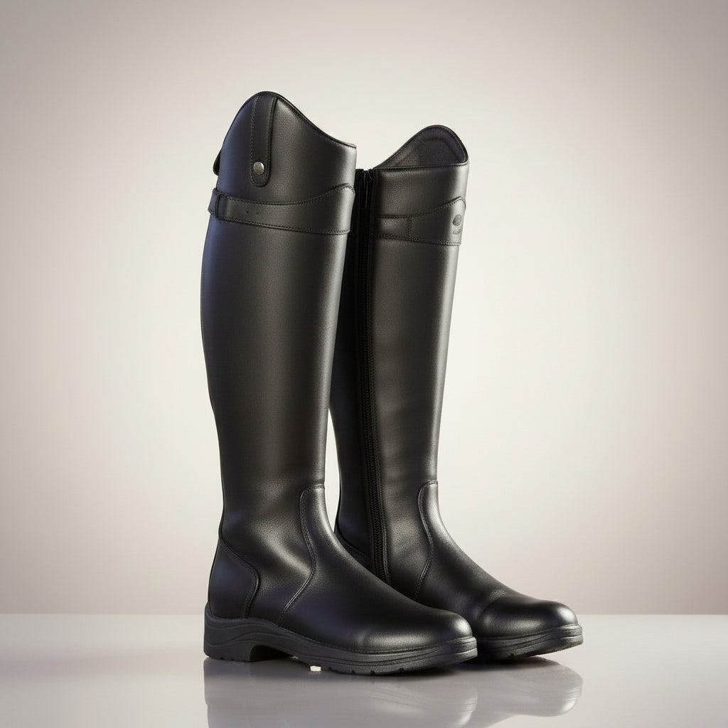 Black leather knee-high boots with double buckle straps and rounded toe