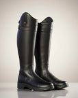 Black leather knee-high boots with double buckle straps and rounded toe