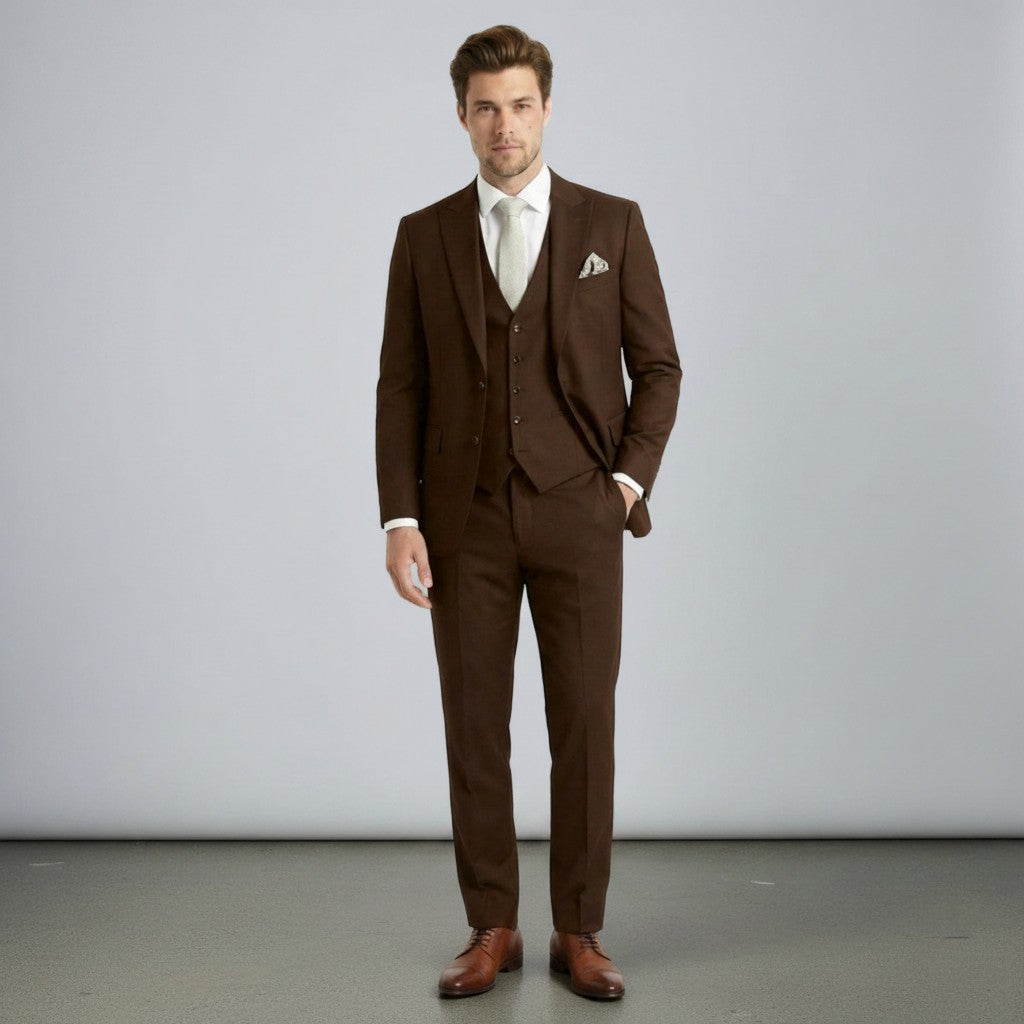 Brown men’s three-piece suit set with tailored jacket, waistcoat, and matching trousers