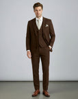 Brown men’s three-piece suit set with tailored jacket, waistcoat, and matching trousers