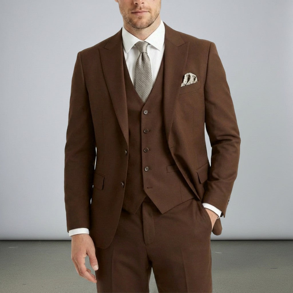Brown men’s three-piece suit set with tailored jacket, waistcoat, and matching trousers