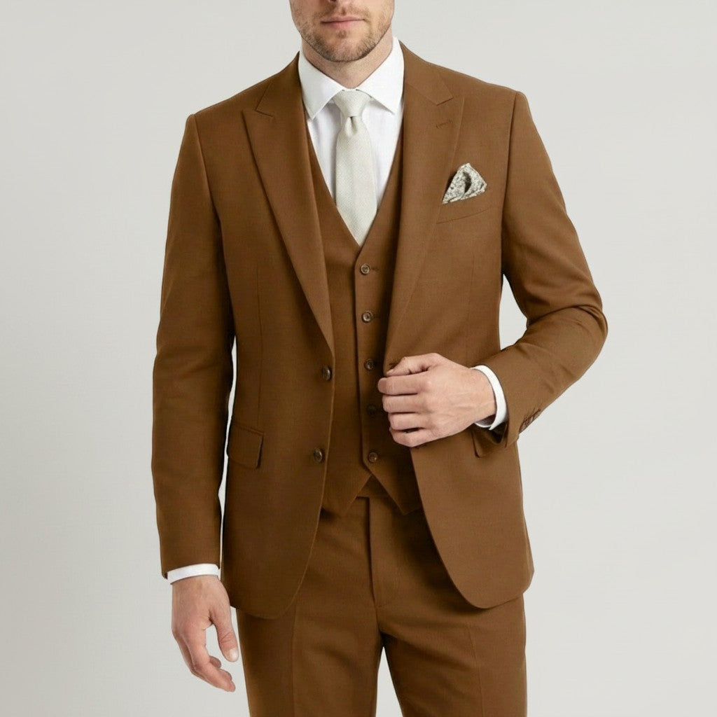 Tan men’s three-piece suit set with tailored jacket, waistcoat, and matching trousers