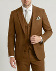 Tan men’s three-piece suit set with tailored jacket, waistcoat, and matching trousers