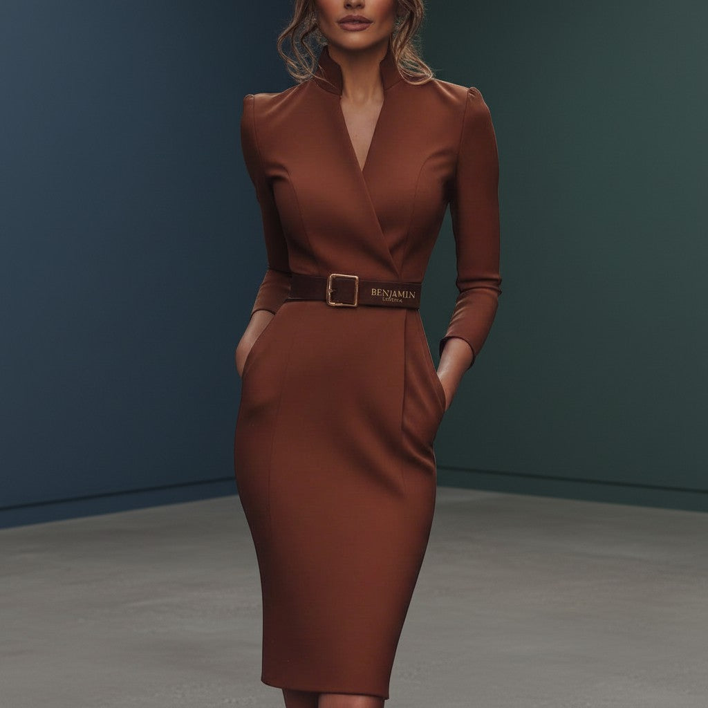 Women's cocktail dress, V-neck, long sleeves, fitted with waist belt, rust brown