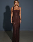 Embellished evening gown with square neckline, sleeveless straps, and long column fit in bronze brown.