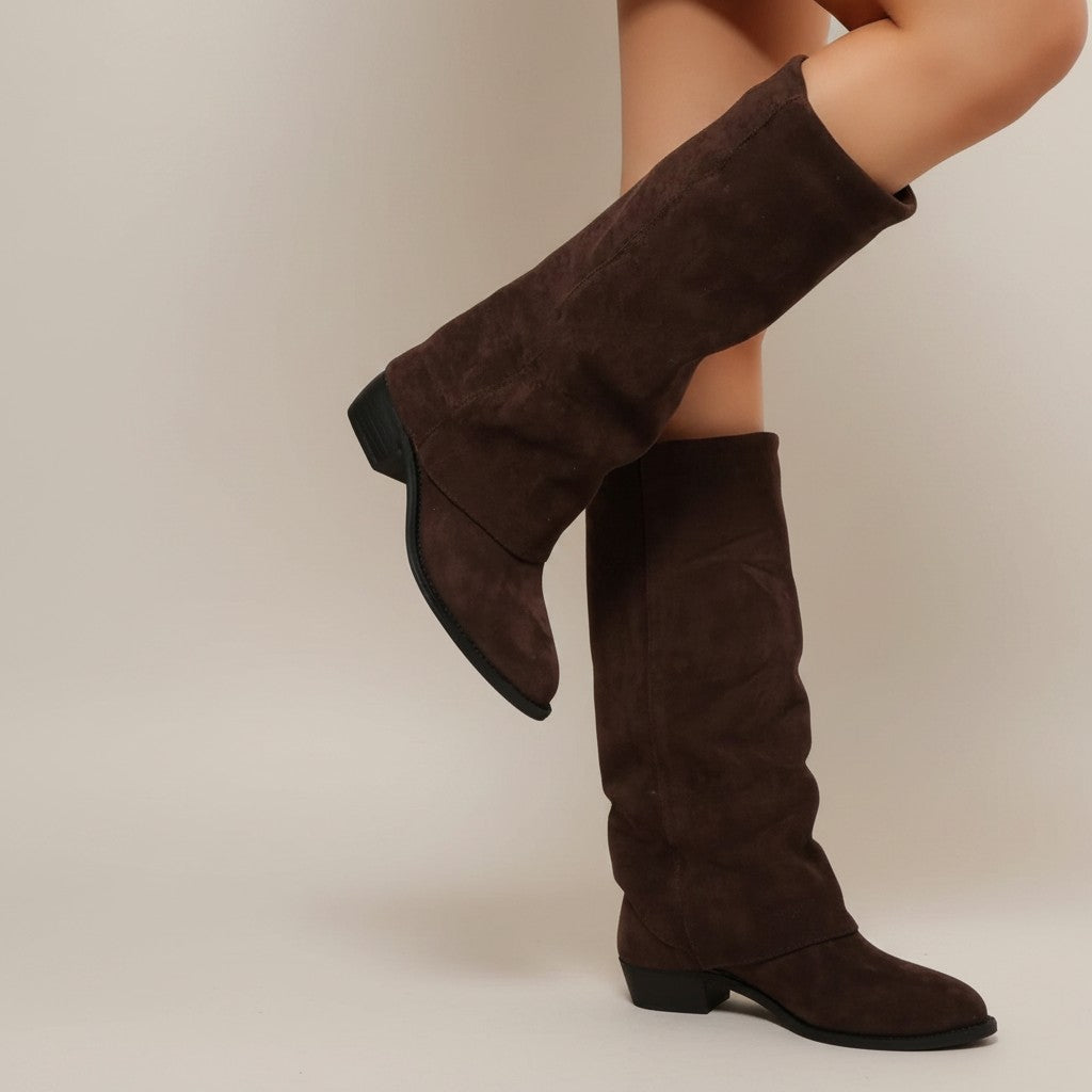 Brown knee-high chunky heel boots, suede-look, side view with pointed toe