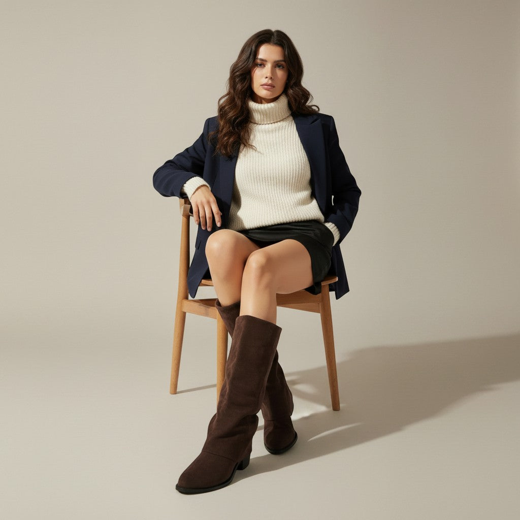 Brown knee-high chunky heel boots on model, front view, suede-look shaft