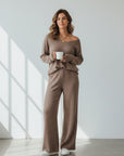 Beige ribbed knit loungewear set with V-neck top and wide-leg trousers