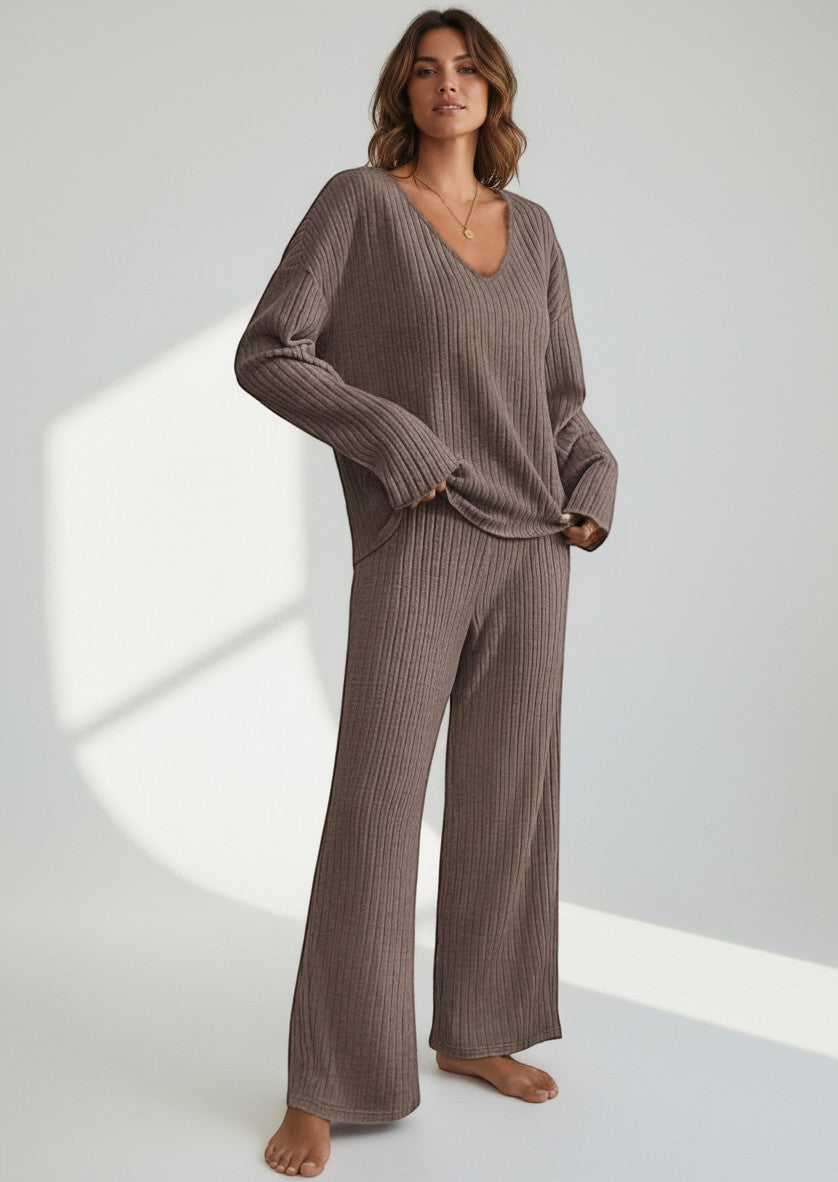 BENJAMIN LONDON women's brown ribbed knit V-neck loungewear set with wide leg pants.
