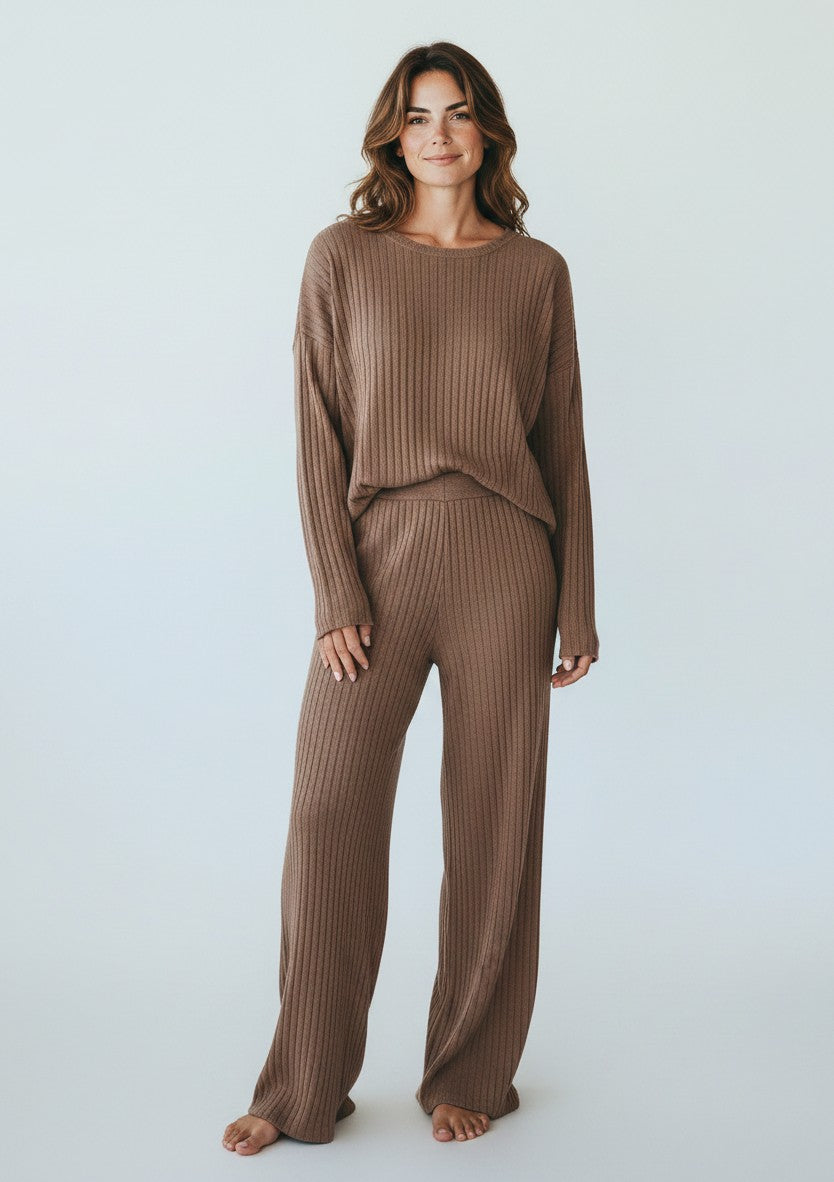 Brown ribbed knit V-neck top and wide-leg trousers loungewear set