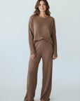 Brown ribbed knit V-neck top and wide-leg trousers loungewear set