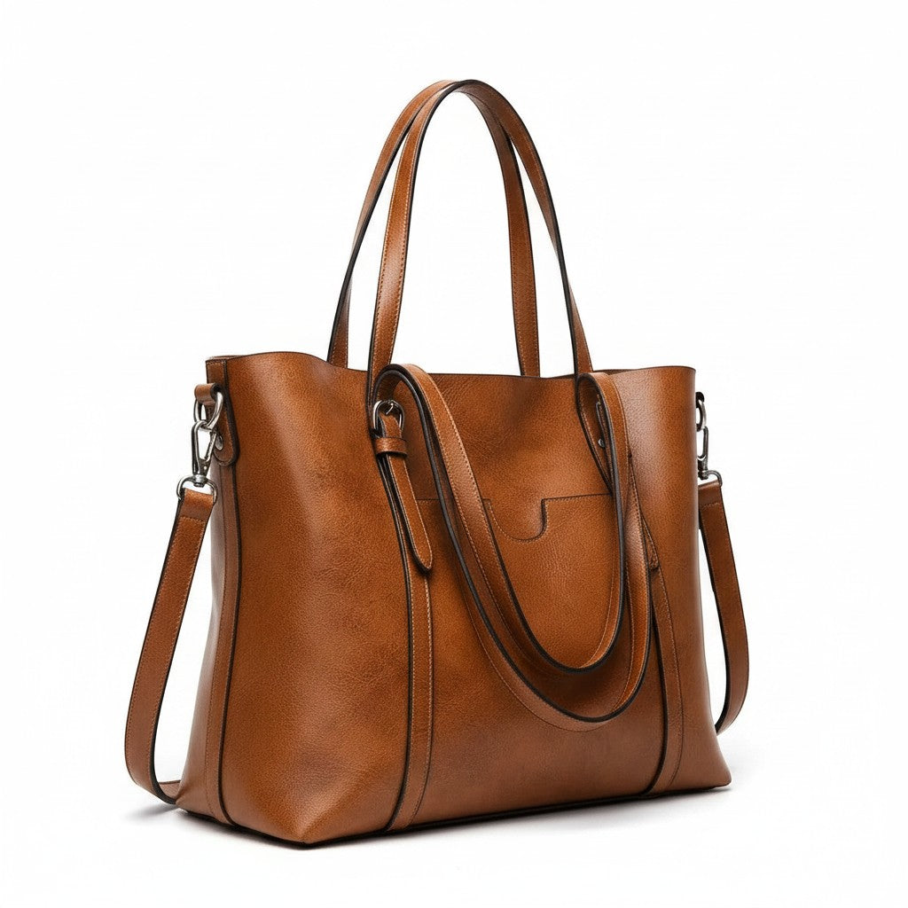 Cognac leather tote bag with top handles, front pocket, and shoulder strap