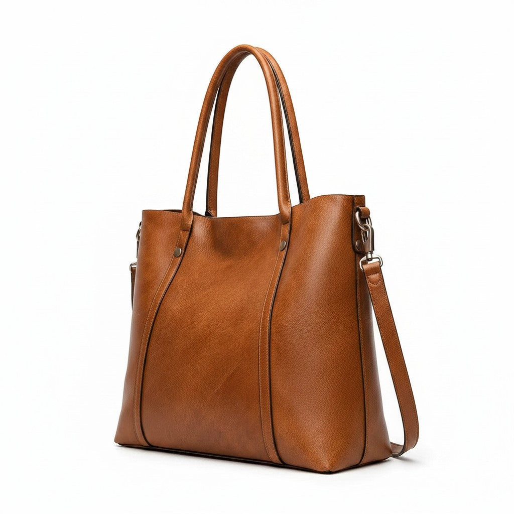 Cognac leather tote bag with top handles and detachable shoulder strap