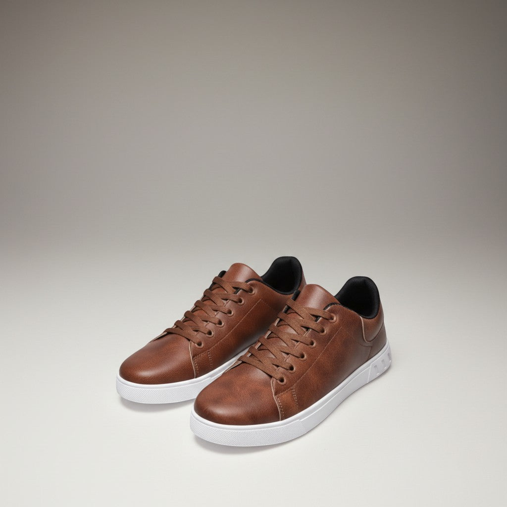 Brown low-top trainers with lace-up front and white rubber sole, angled view