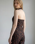 Leopard print halter neck tank top, open back and side view
