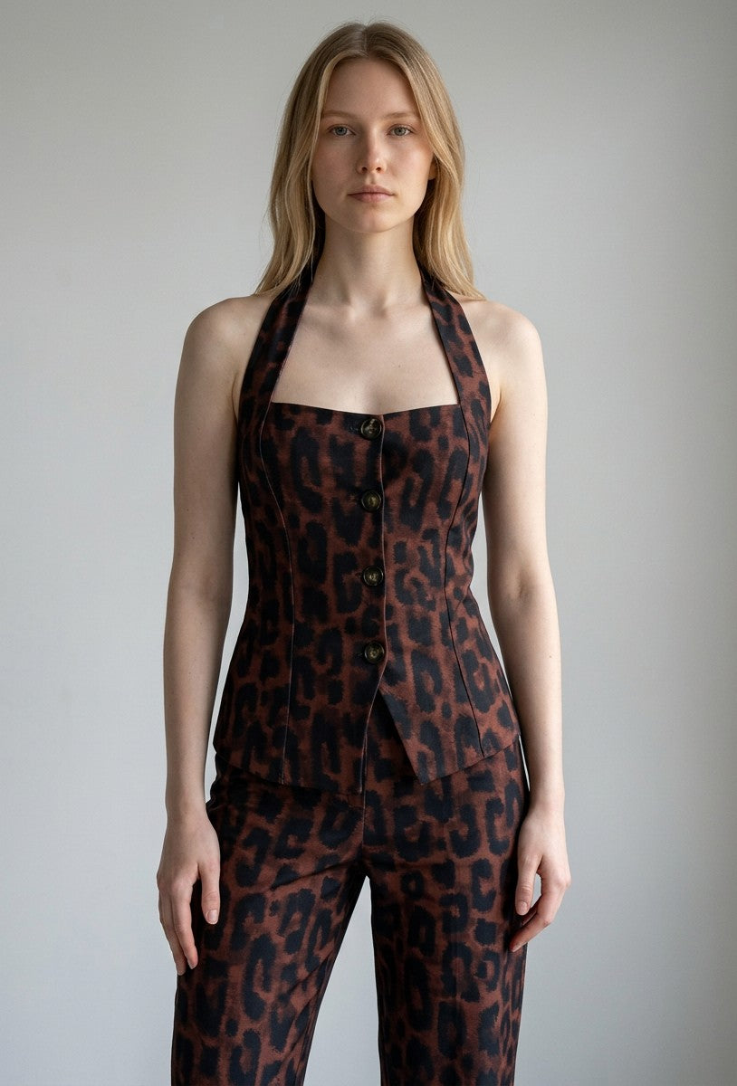 Leopard print halter neck tank top with front cutout detail