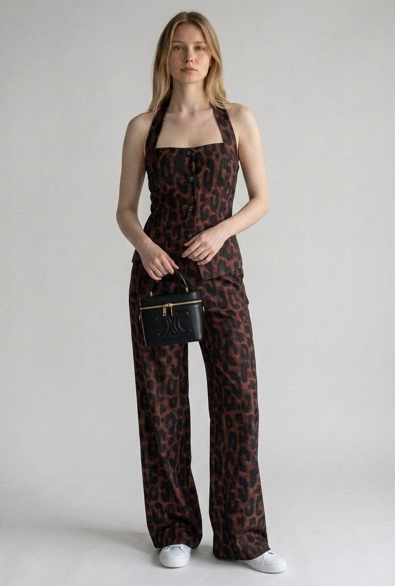 Leopard print halter neck tank top with wide-leg trousers