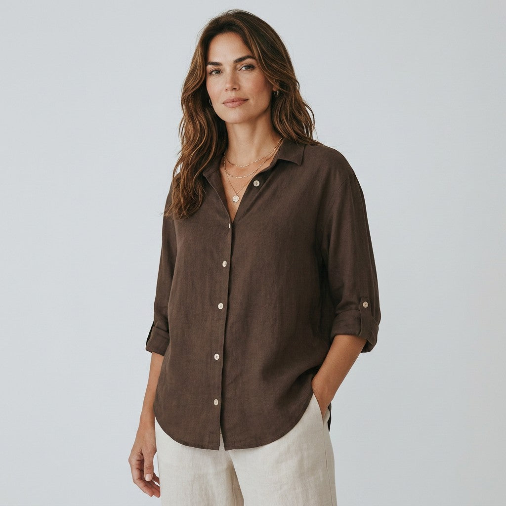 Women’s linen-cotton blend shirt, dark brown button-front, three-quarter sleeves