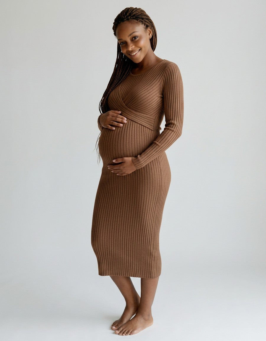 Brown ribbed maternity midi dress with long sleeves and diagonal wrap-front detail