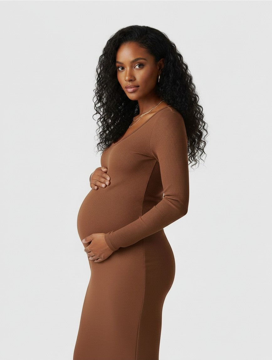 Women's brown ribbed knit maternity midi dress, long sleeves, V-neck placket, close-up.