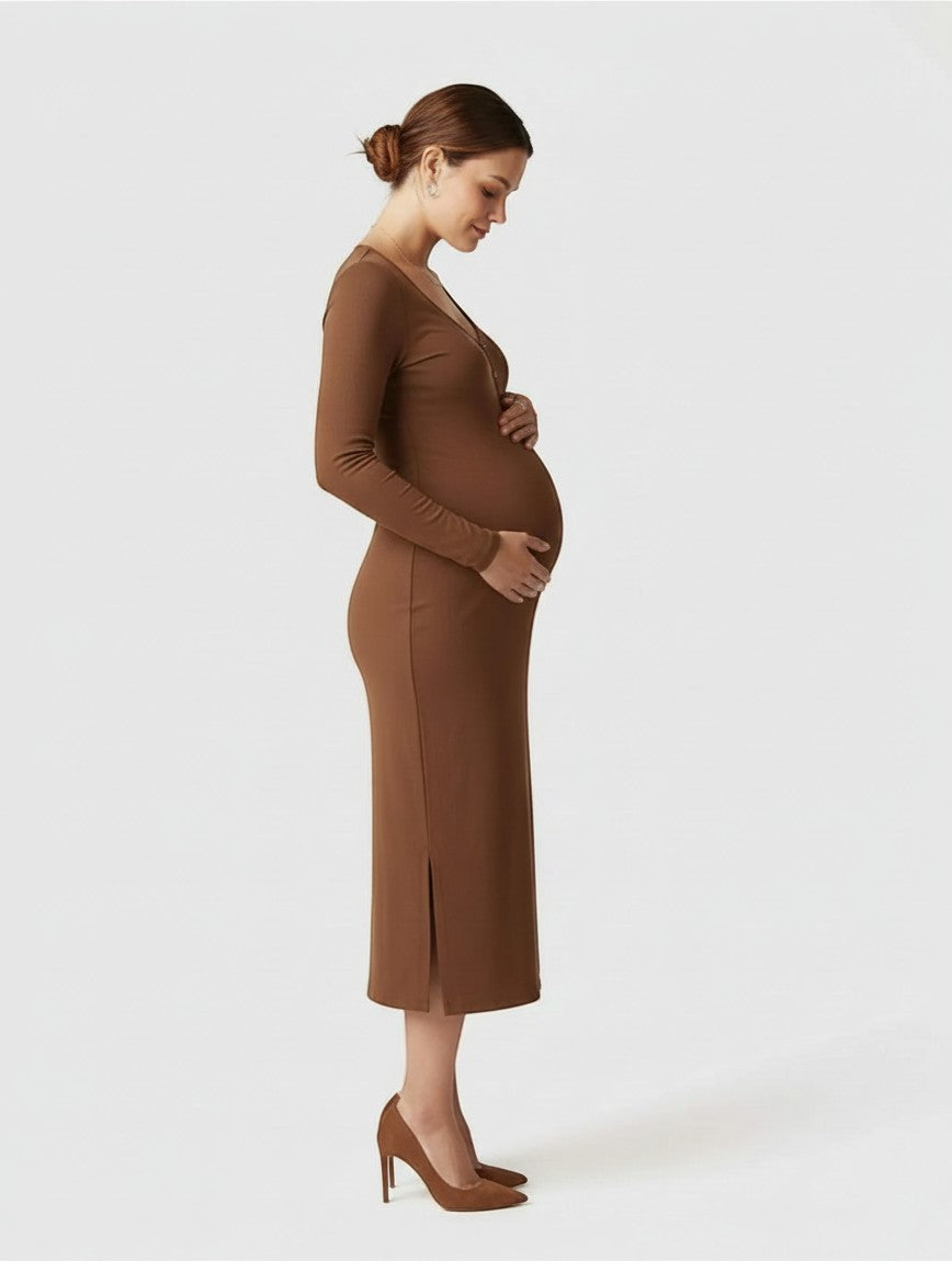 Women's brown ribbed knit maternity midi dress, long sleeves, V-neck placket, side view.