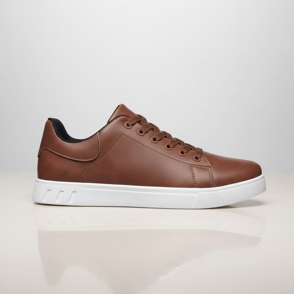 Brown low-top trainers with lace-up front and white rubber sole