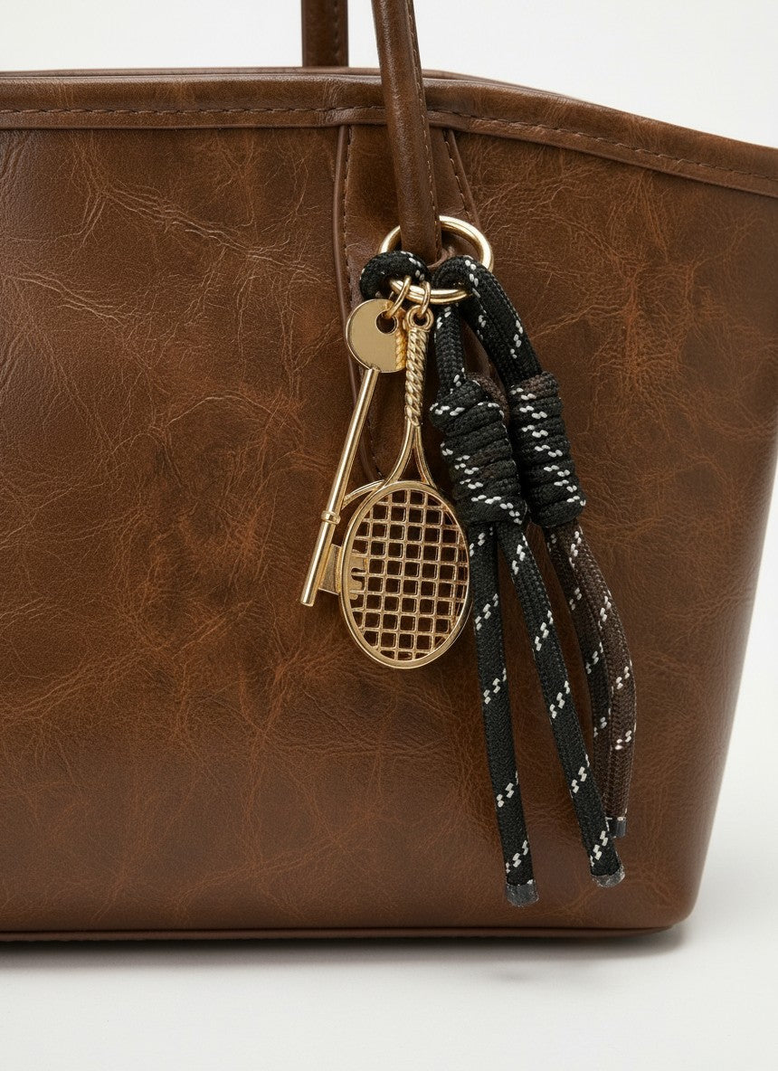 Close-up of textured brown tote bag with metal clip and braided tassel