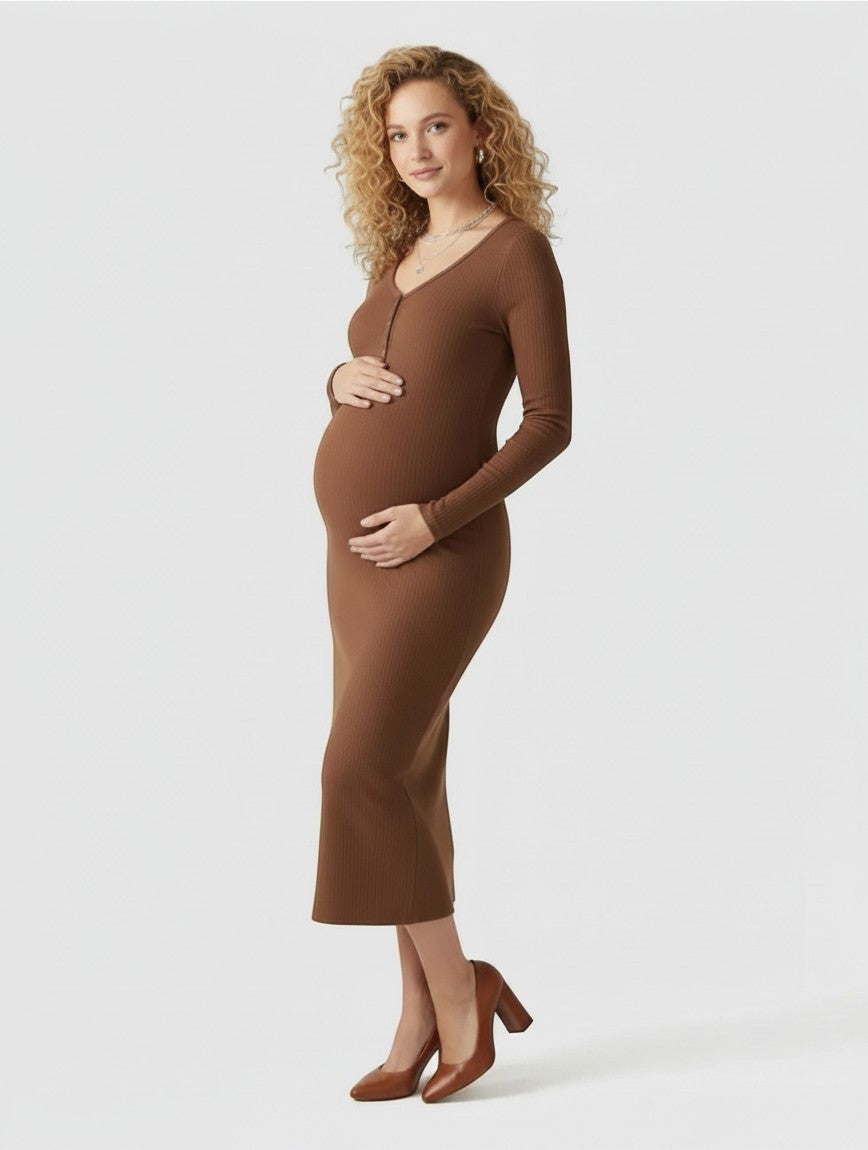 Women's brown ribbed knit maternity midi dress, V-neck and long sleeves, front 3/4 view.