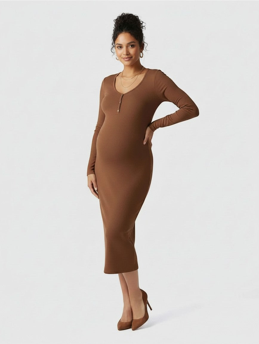 Women's brown ribbed knit maternity midi dress, fitted silhouette, long sleeves, V-neck.