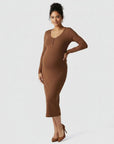 Women's brown ribbed knit maternity midi dress, fitted silhouette, long sleeves, V-neck.