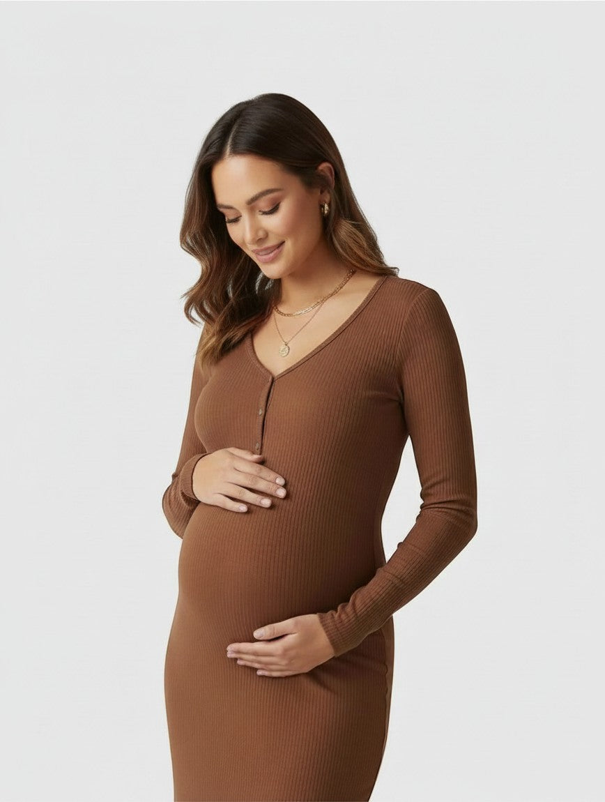 Women's brown ribbed knit maternity midi dress, long sleeves, V-neck placket.