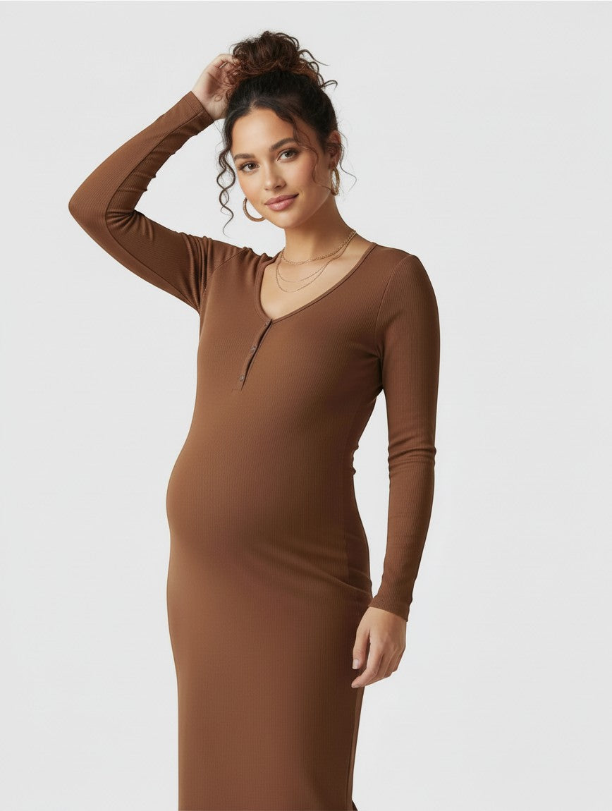 Women's brown ribbed knit maternity midi dress, long sleeves, V-neck placket, front view.