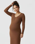 Women's brown ribbed knit maternity midi dress, long sleeves, V-neck placket, front view.