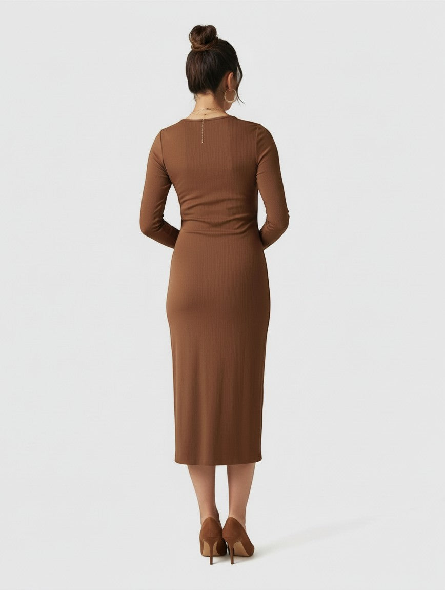 Women's brown ribbed knit maternity midi dress, long sleeves, back view.
