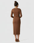 Women's brown ribbed knit maternity midi dress, long sleeves, back view.