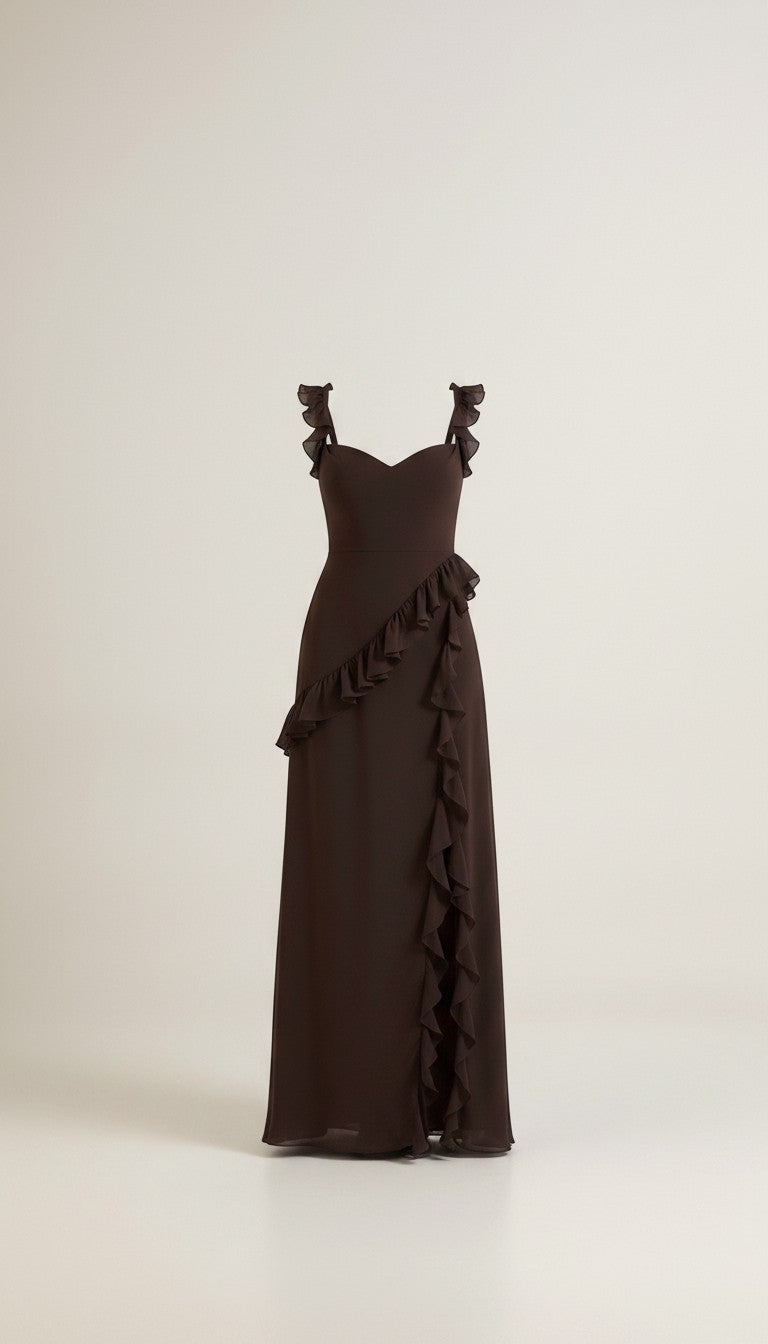 Dark brown maxi dress with ruffled shoulder ties and layered skirt