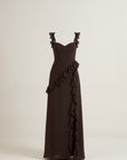 Dark brown maxi dress with ruffled shoulder ties and layered skirt