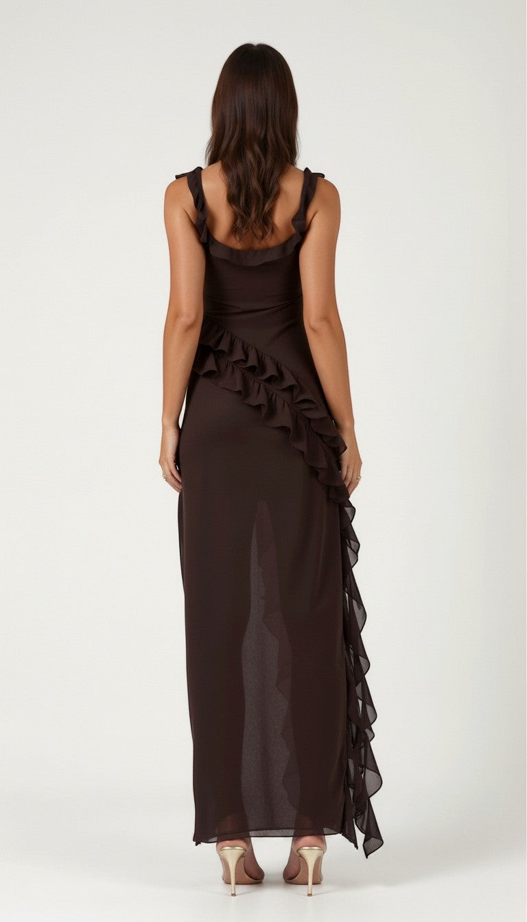 Dark brown maxi dress with ruffled shoulder straps and layered back design