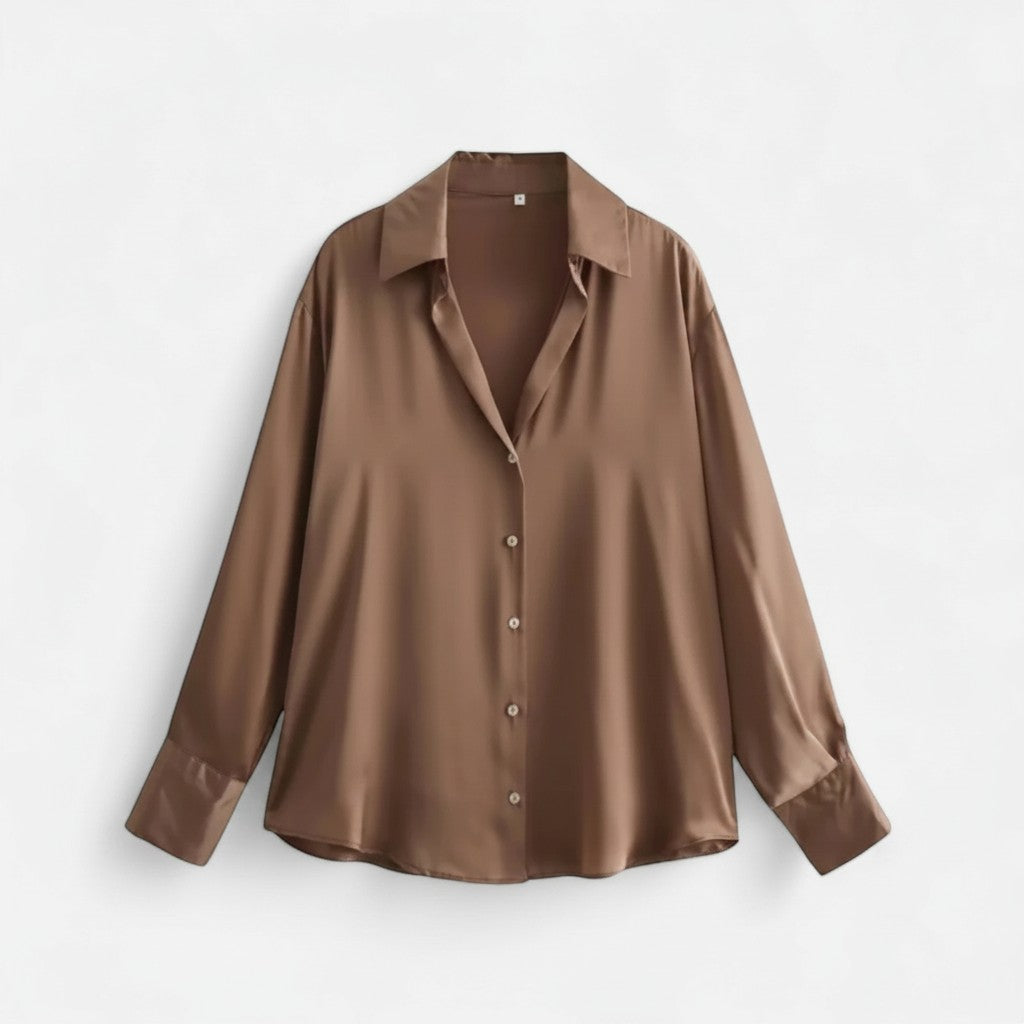 Brown long-sleeve button-up blouse with pointed collar and front button placket