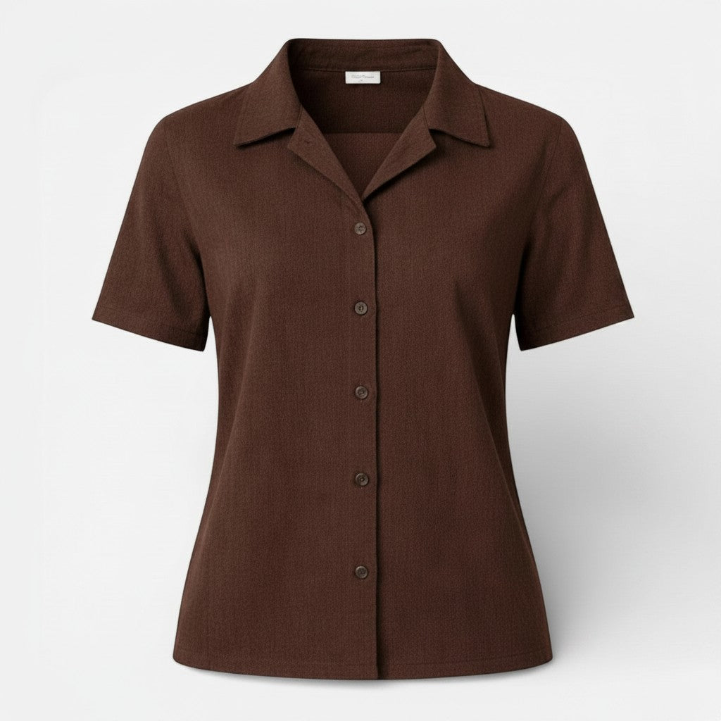 Dark brown short-sleeve button-up shirt close-up with collar and button placket
