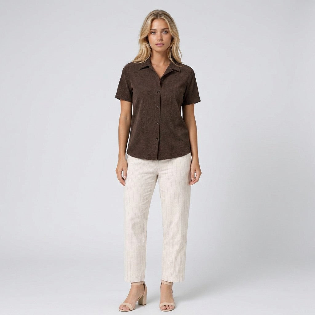 Dark brown collared short-sleeve button-up blouse with front button placket