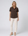 Dark brown collared short-sleeve button-up blouse with front button placket