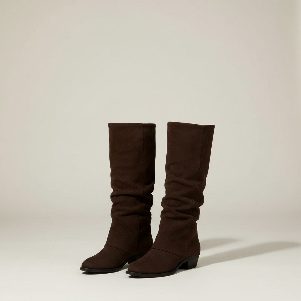 Brown knee-high chunky heel boots, pair standing, smooth suede-look finish